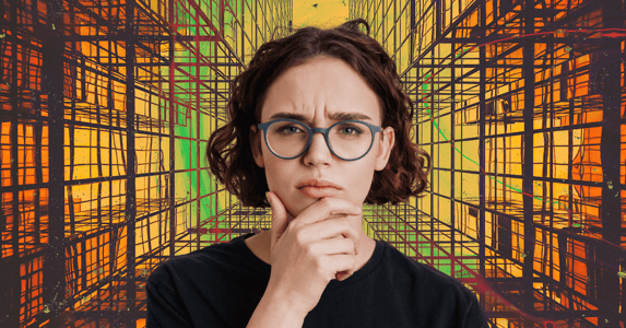 A person wearing glasses looks thoughtful against an abstract, tech-inspired background.